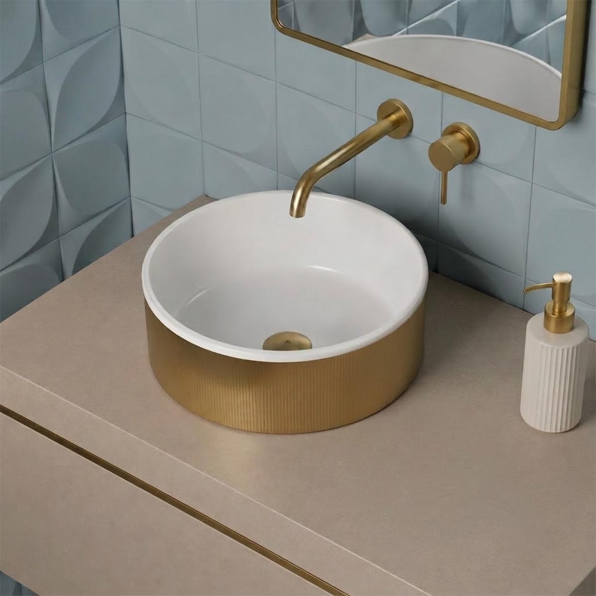 round ceramic vanity counter top basin brushed brass 