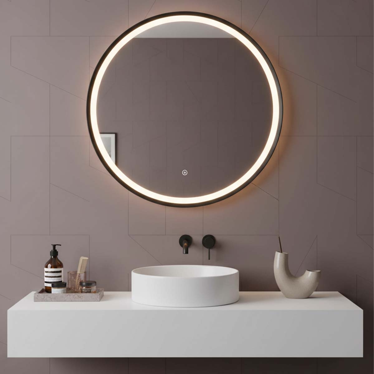 black round bathroom mirror with light