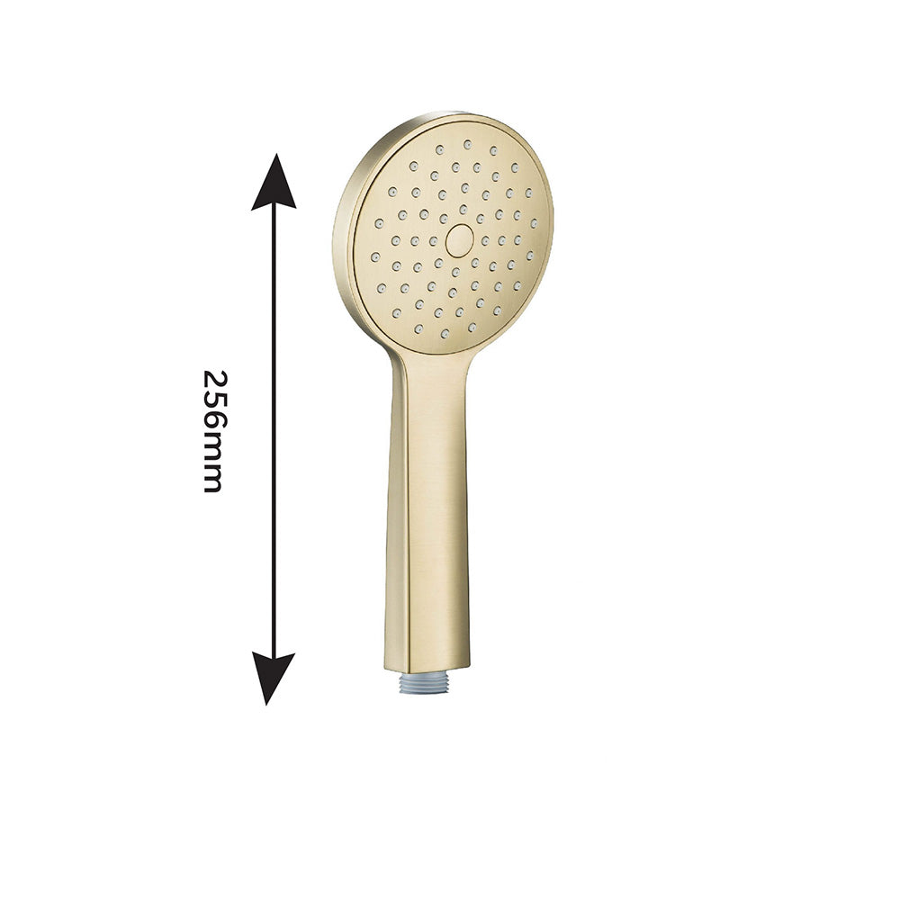 Brushed Brass Shower Ensemble: Handset, Hose, Outlet Elbow, Round Head, & Single Lever Diverter Secondary image