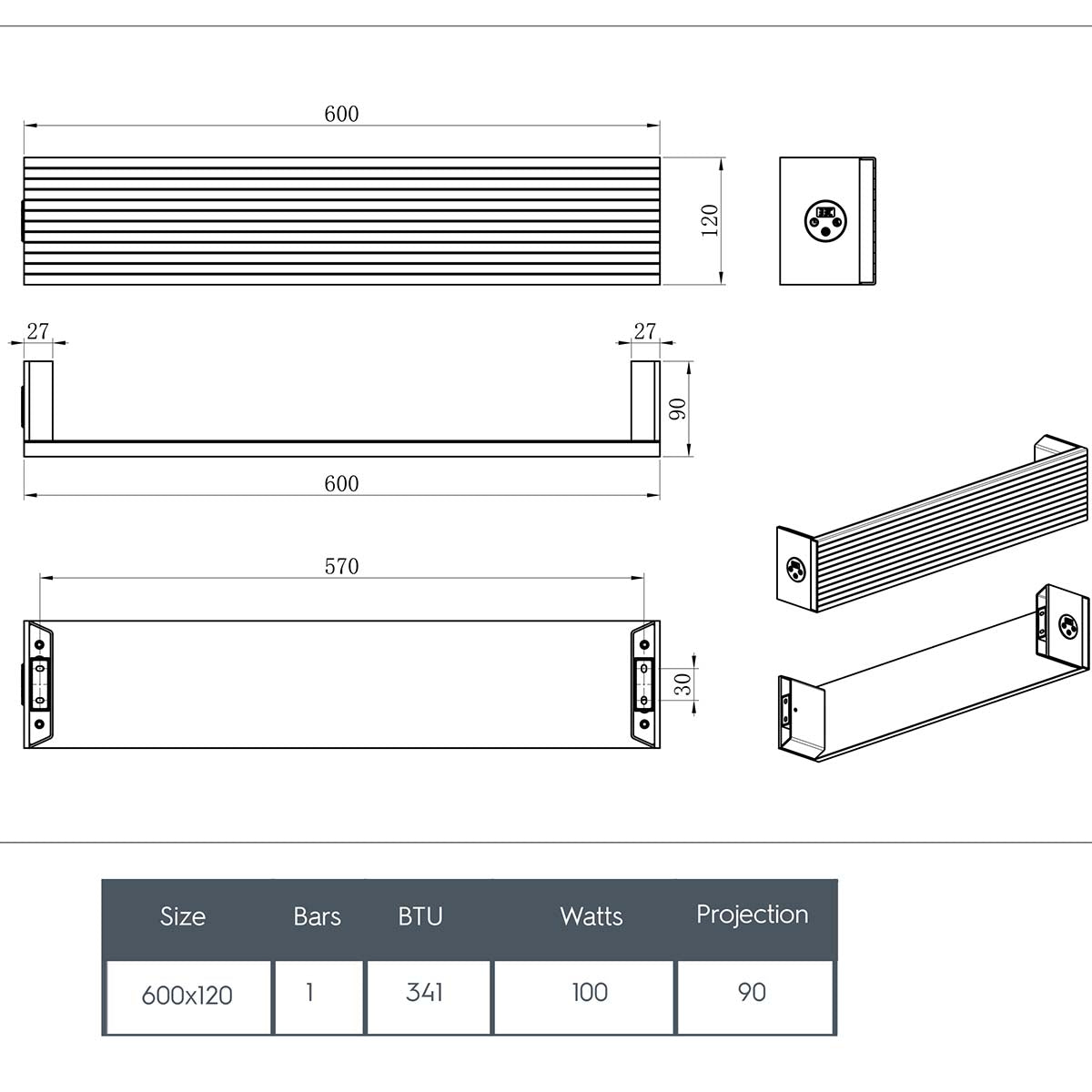 single electric heated towel warmer bar 600mm -  technical details