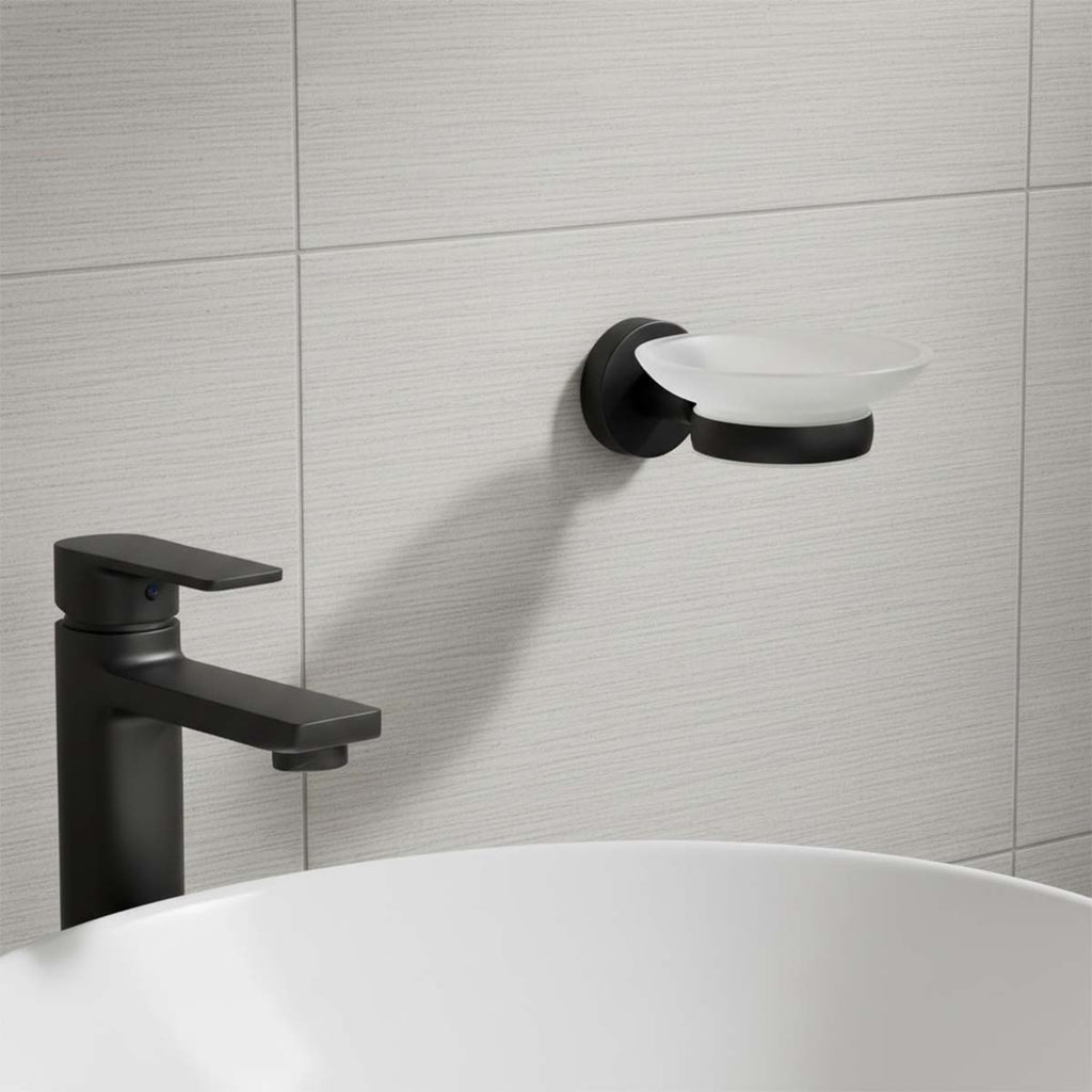 matt black soap dish with frosted glass