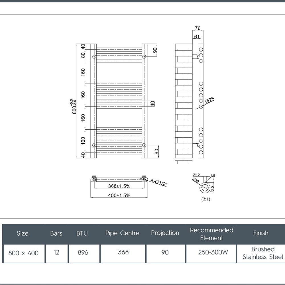 stainless steel heated towel radiator 800 x 400mm