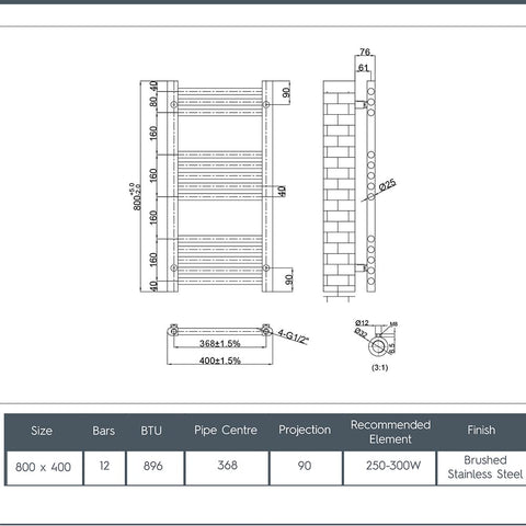 stainless steel heated towel radiator 800 x 400mm