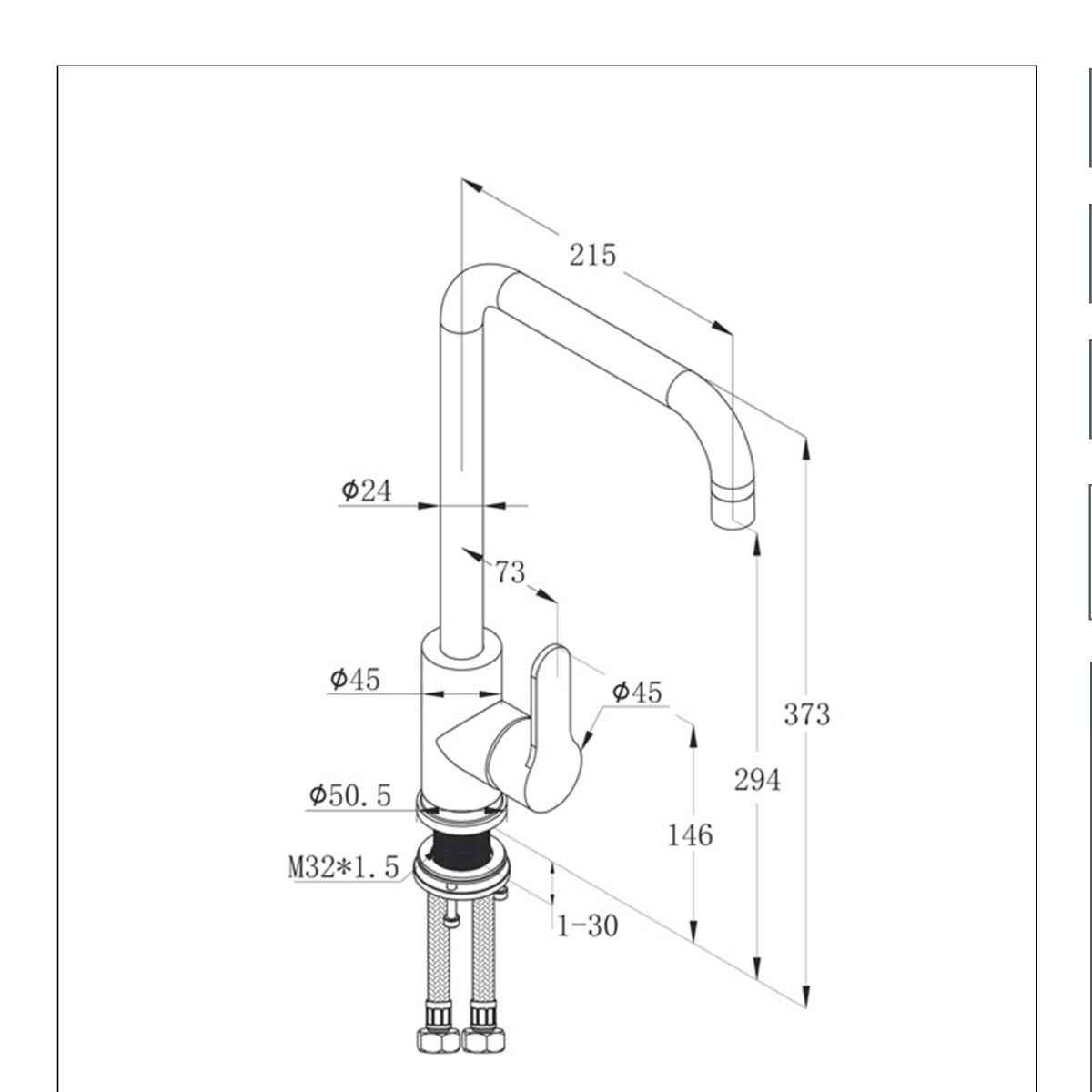 stainless steel kitchen sink tap with L shape spout technical drawing