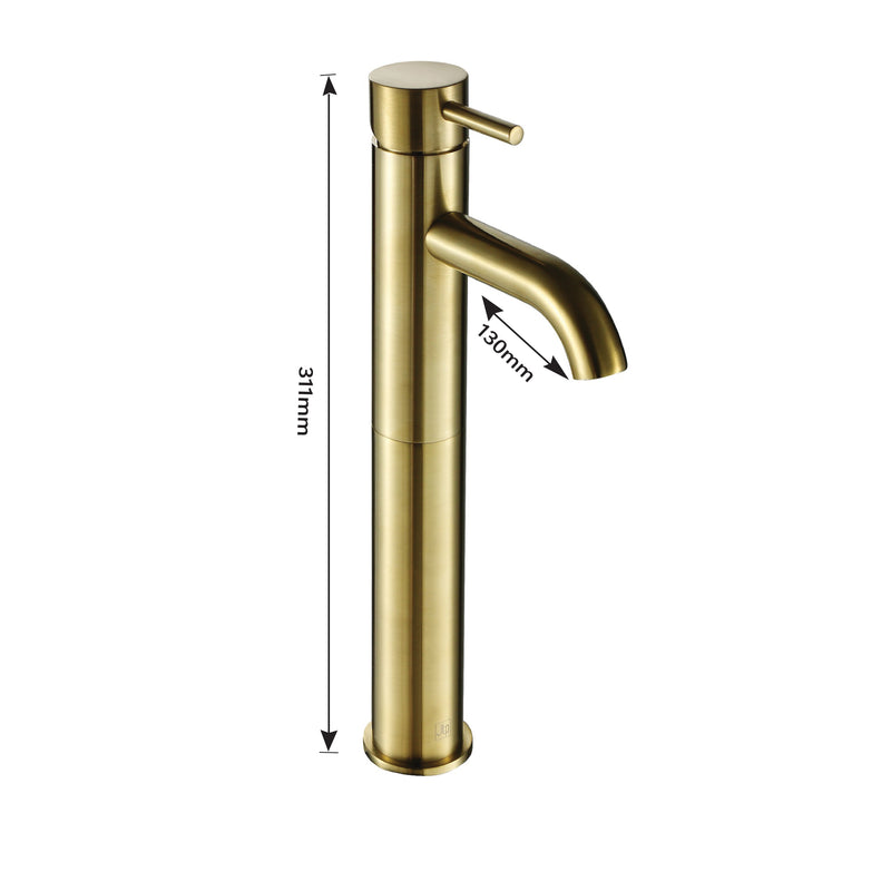 Gold Basin Tall Mixer Tap, Unslotted Waste & Bottle Trap – Brushed Brass