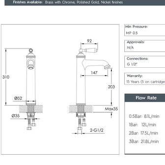 Traditional Tall Single Lever Basin Mixer Tap with Click Clack Waste - Brushed Nickel Secondary image