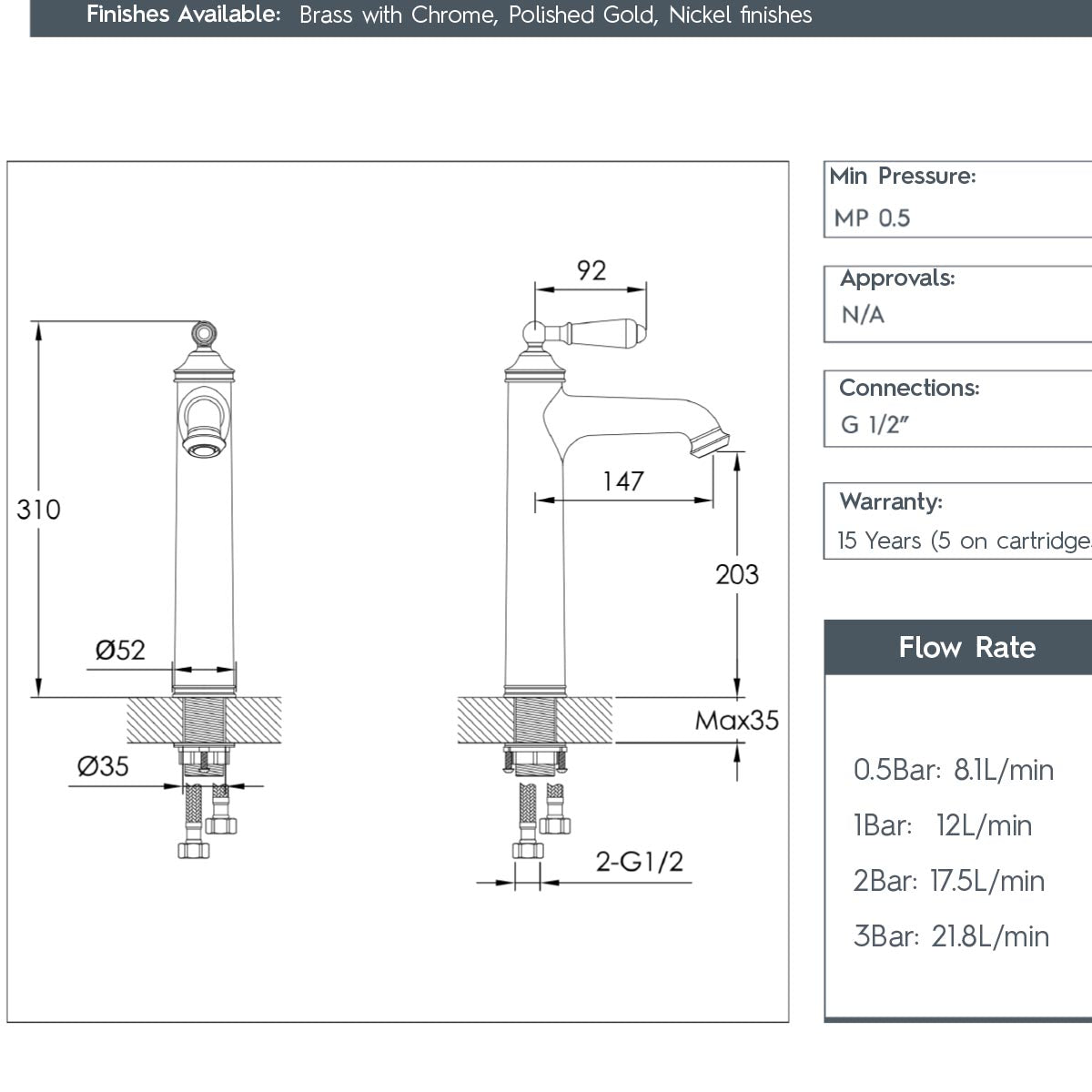 tall basin tap with click clack brushed nickel