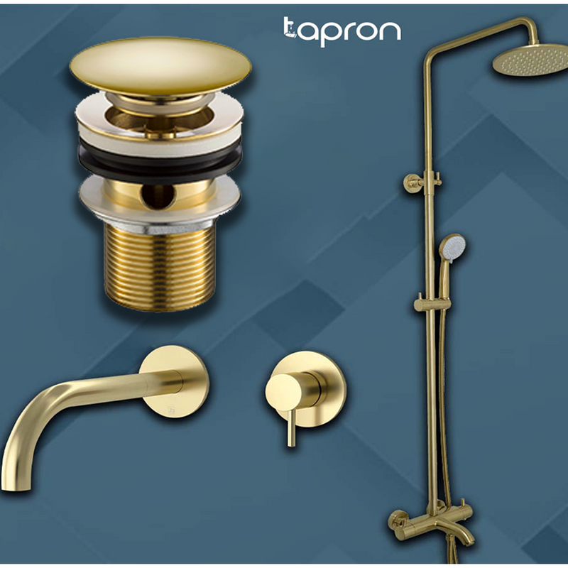 Gold bath tap with shower riser wall Mounted slotted waste