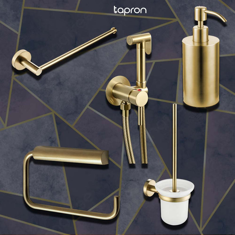 Tapron gold bathroom essentials: soap dispenser, douche kit, roll holder, towel rails, brush set