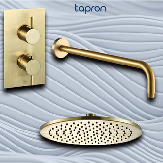 Gold round shower head with wall-mounted thermostatic valve Main image
