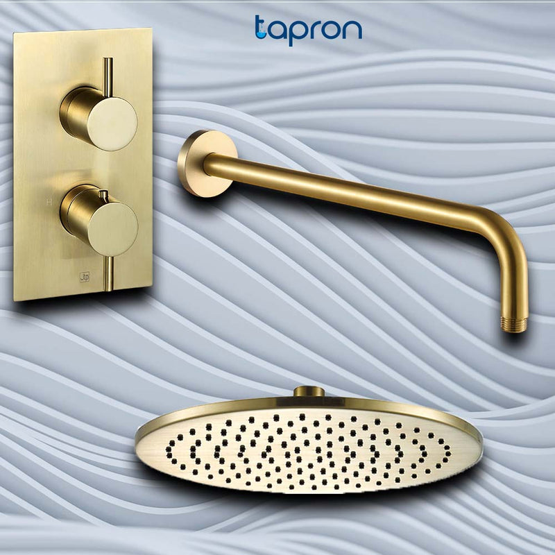 Gold round shower head with wall-mounted thermostatic valve