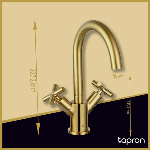 Gold Deck Mounted Swivel Spout Bathroom Basin Tap - Tapron