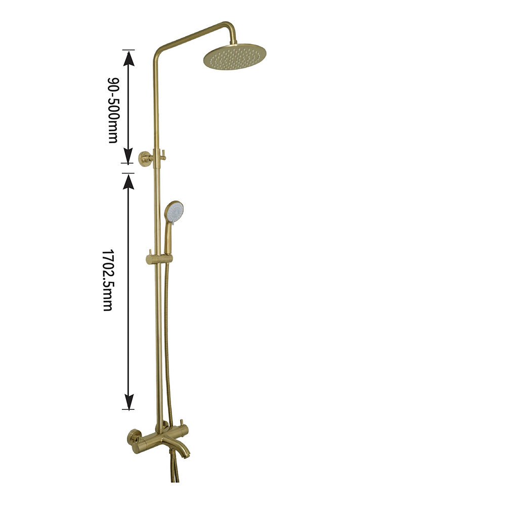 Brushed Brass Shower Ensemble: Shower Head, Wall Arm, Outlet Kit, Thermostatic Valve & Waste Secondary image