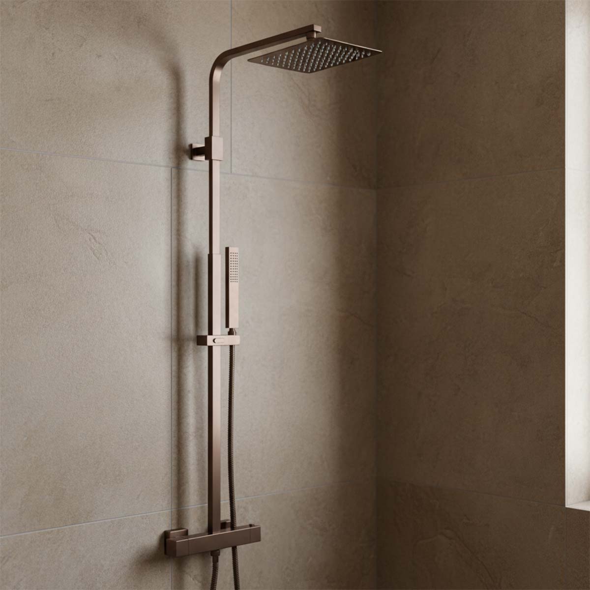 Square Exposed Thermostatic Bar Valve 2 Outlets and Multi-Function Handheld Shower - Brushed Bronze Secondary image