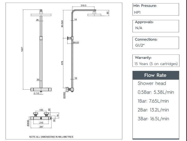 Brushed gold shower mixer - Technical drawing