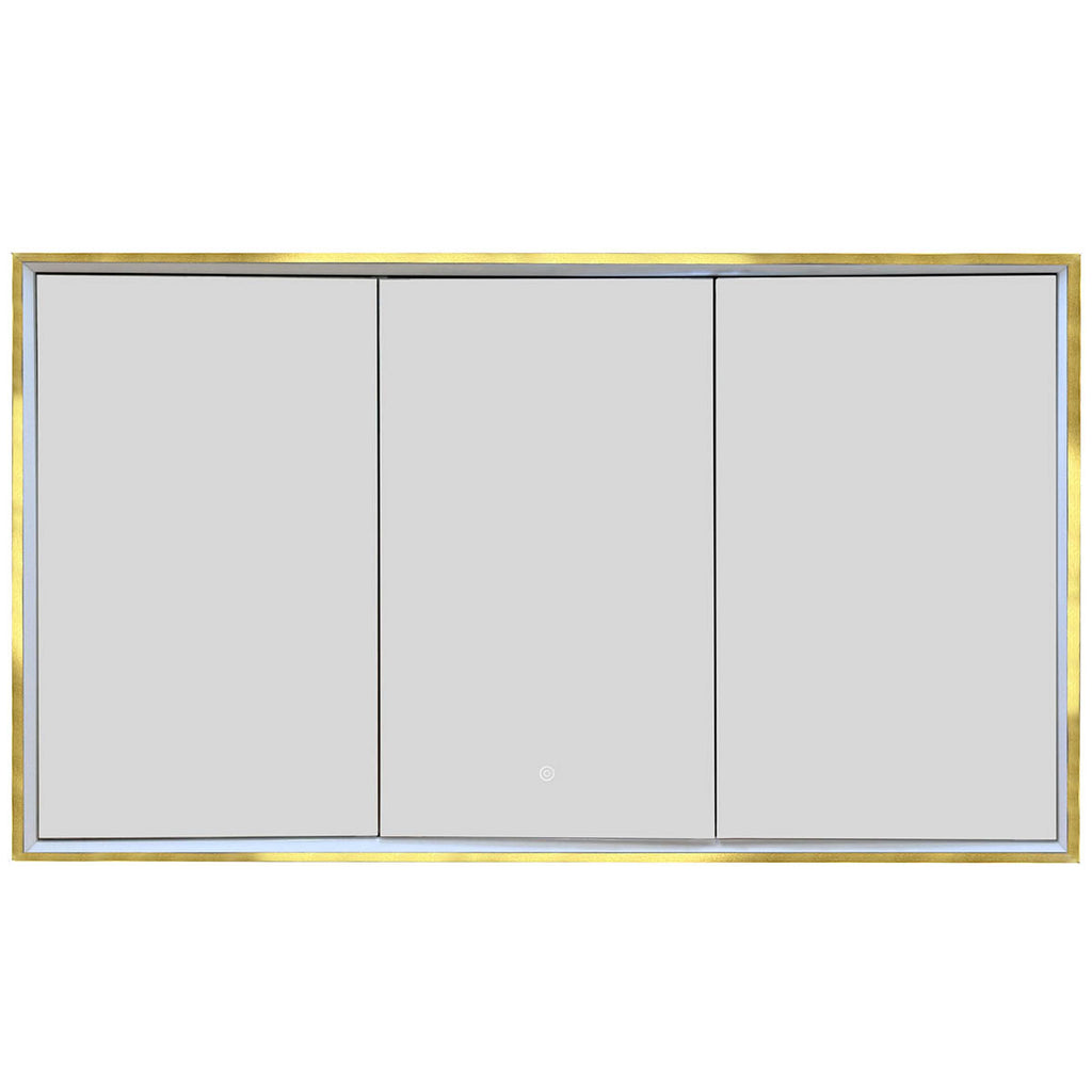 three door bathroom mirror cabinet with light, shaver socket and demister - brushed brass frame 