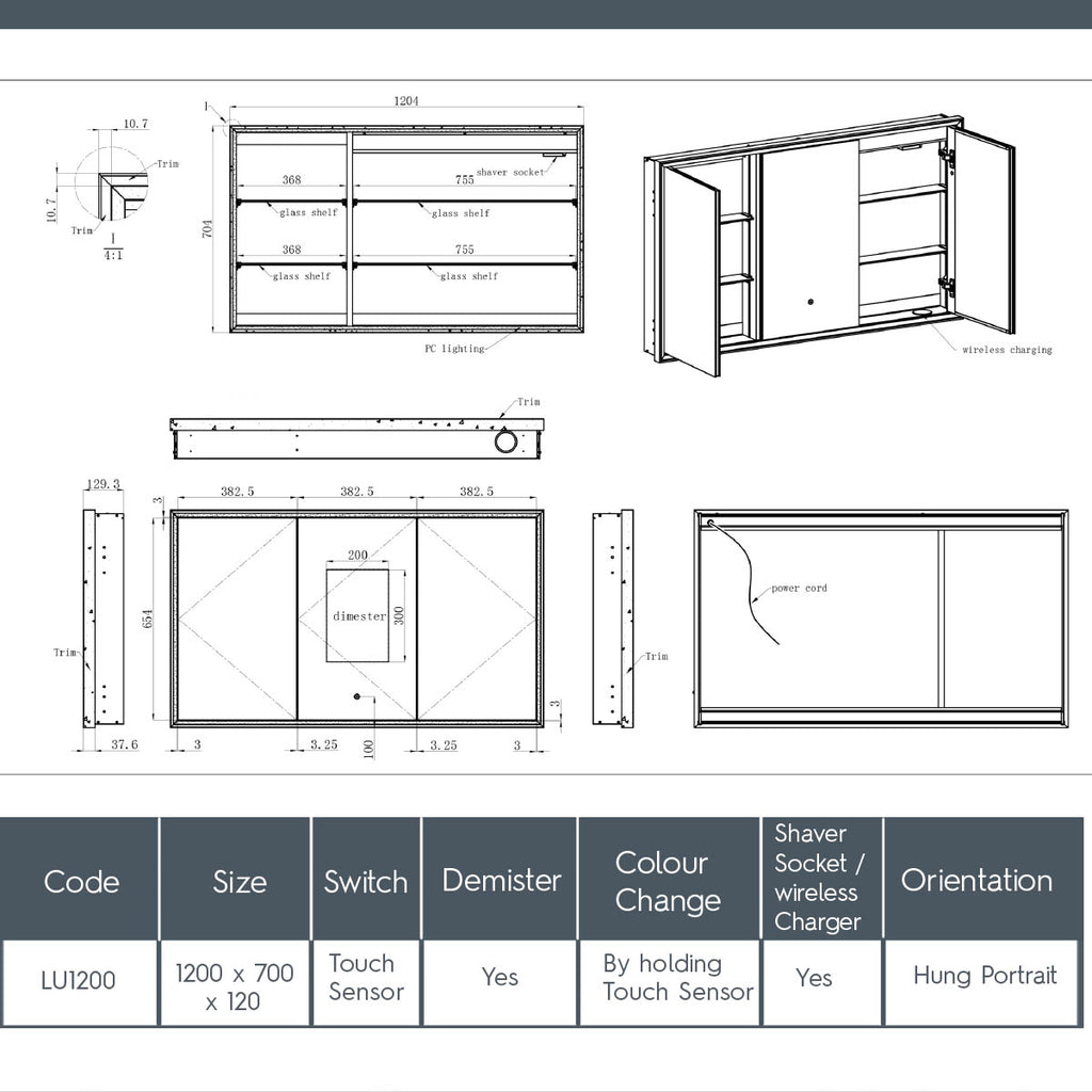 three door bathroom mirror cabinet with light, shaver socket and demister 