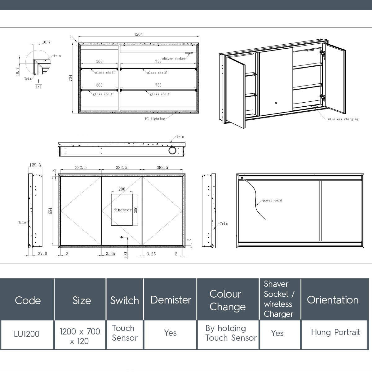 three door bathroom mirror cabinet with light, shaver socket and demister 