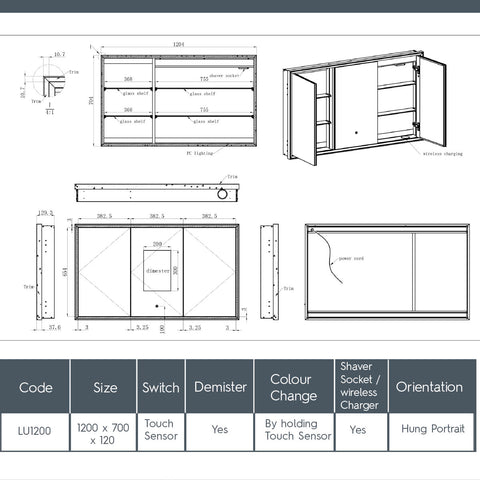 three door bathroom mirror cabinet with light, shaver socket and demister 