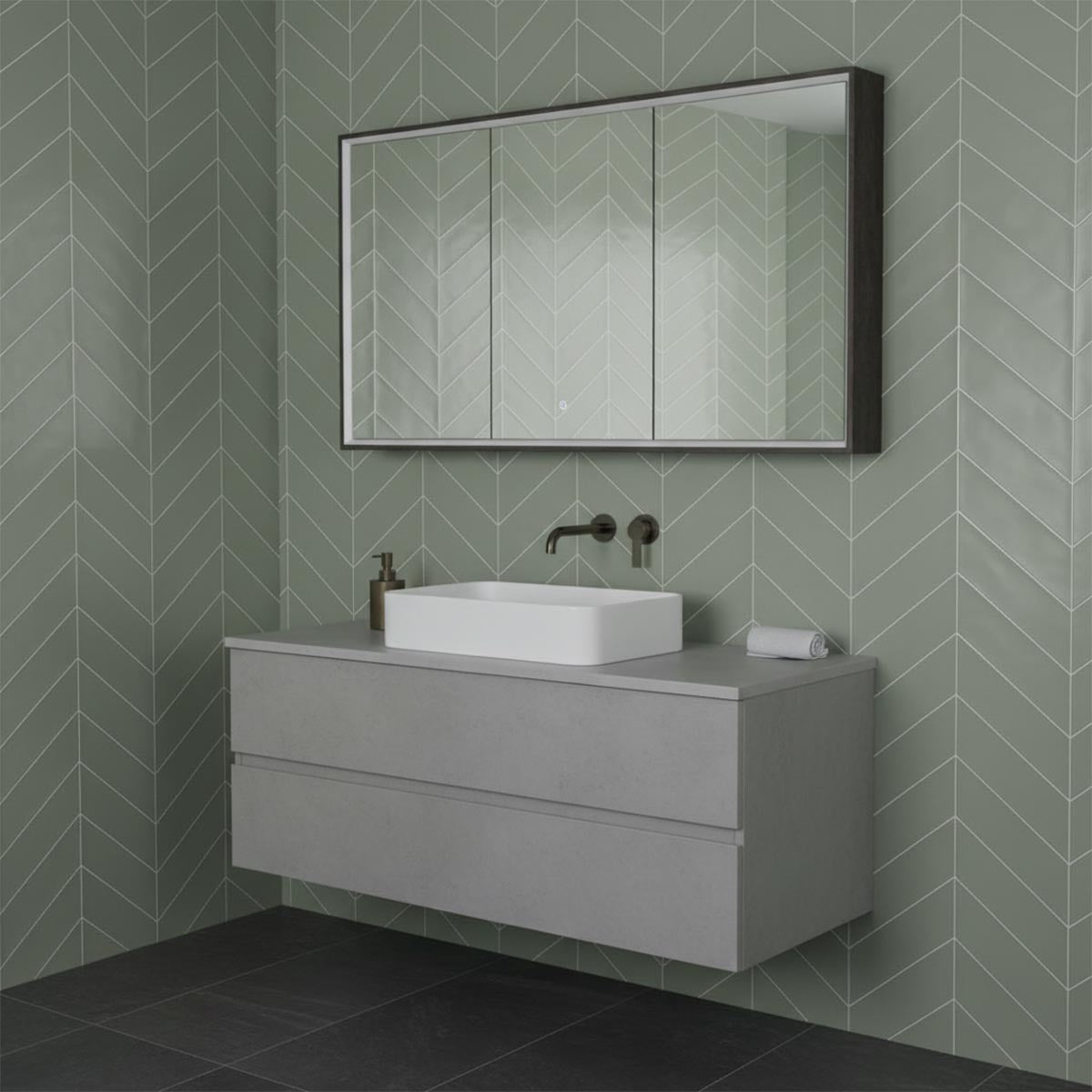 three door mirror cabinet with light and socket -  brushed black trim 