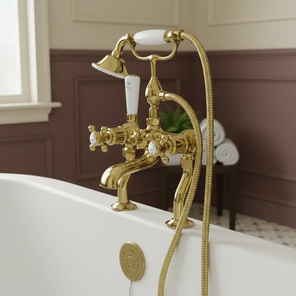 Deck Mounted Gold Bath Shower Mixer Tap with Handset
