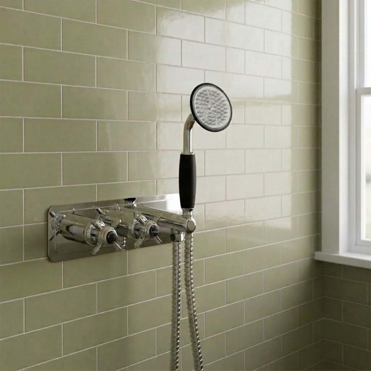 traditional 2 outlet shower valve with shower handset and pinch handles
