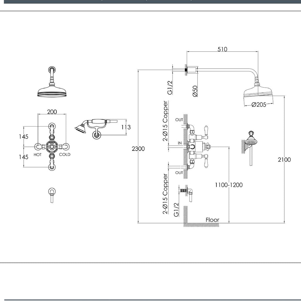 traditional 2 outlet shower valve with shower head and handset 