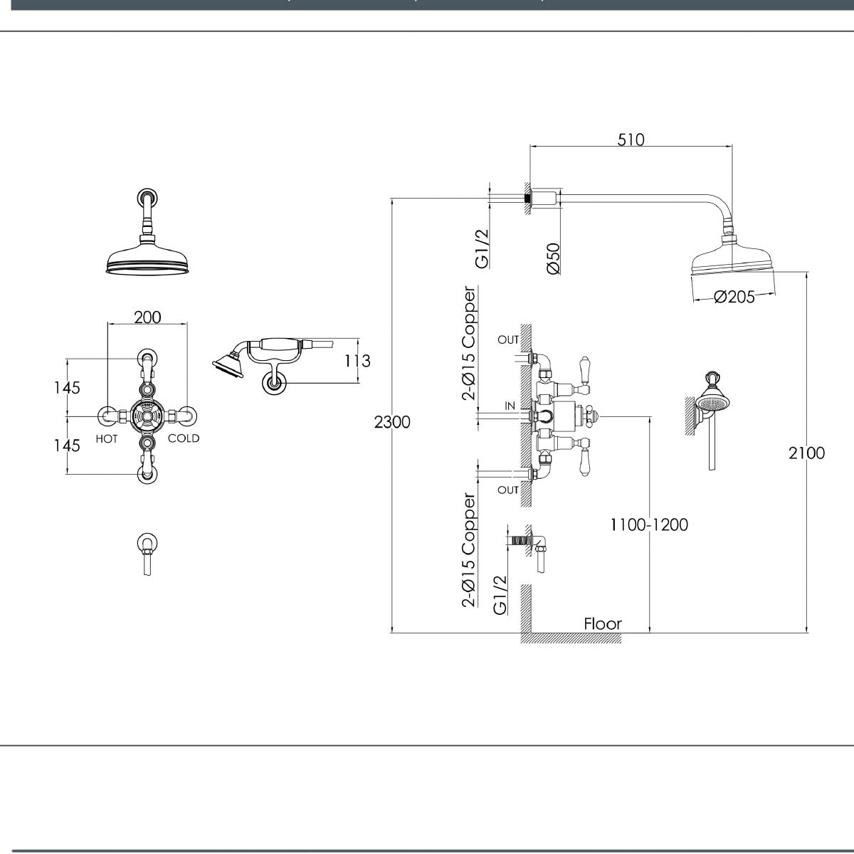 traditional 2 outlet shower valve with shower head and handset 