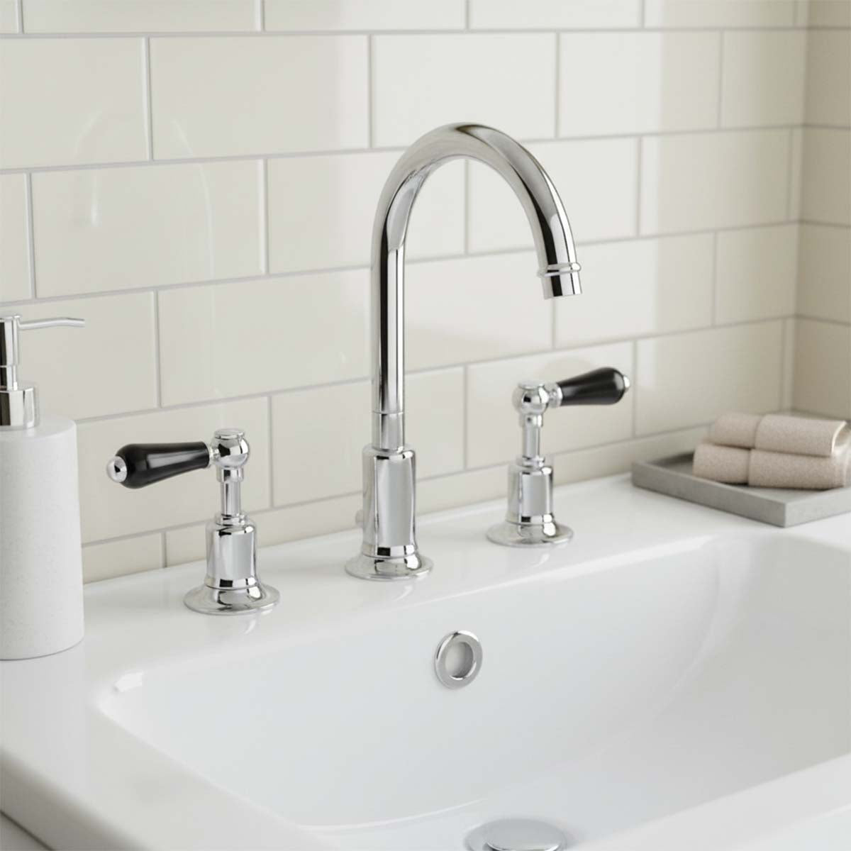 Traditional Black Lever 3 Hole Basin Mixer Tap with Pop up Waste