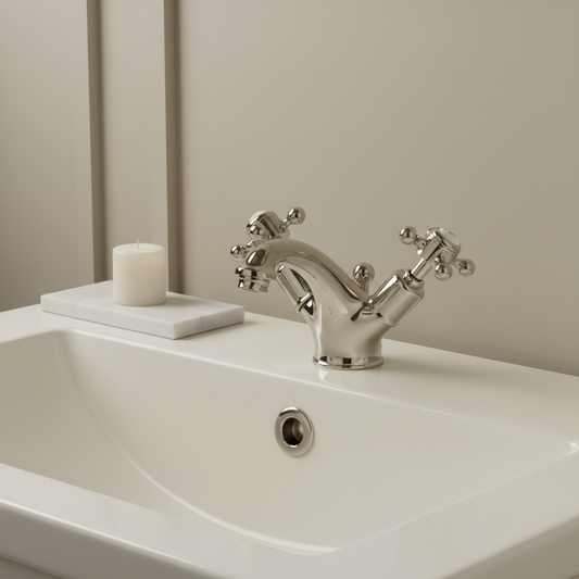 Traditional Mono Basin Mixer Tap with Crosshead Handles and Pop up Waste - Brushed Nickel