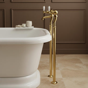 Traditional Freestanding Bath Tap with White Levers - Polished Gold Secondary image