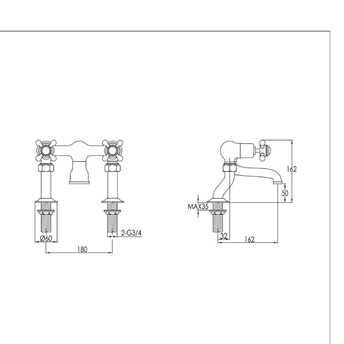 traditional two hols deck mounted bath tap - gold technical 