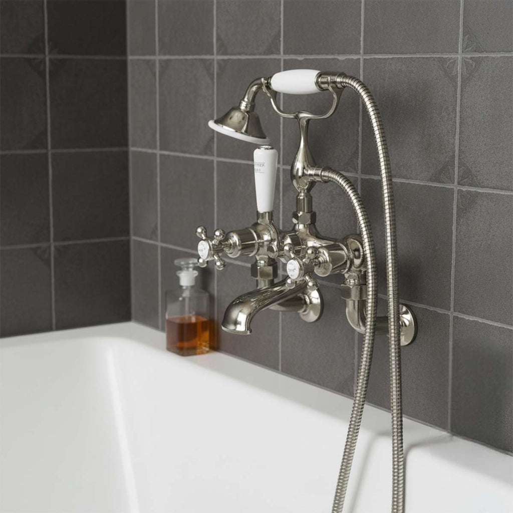 traditional wall mounted bath tap with shower attachment - nickel 