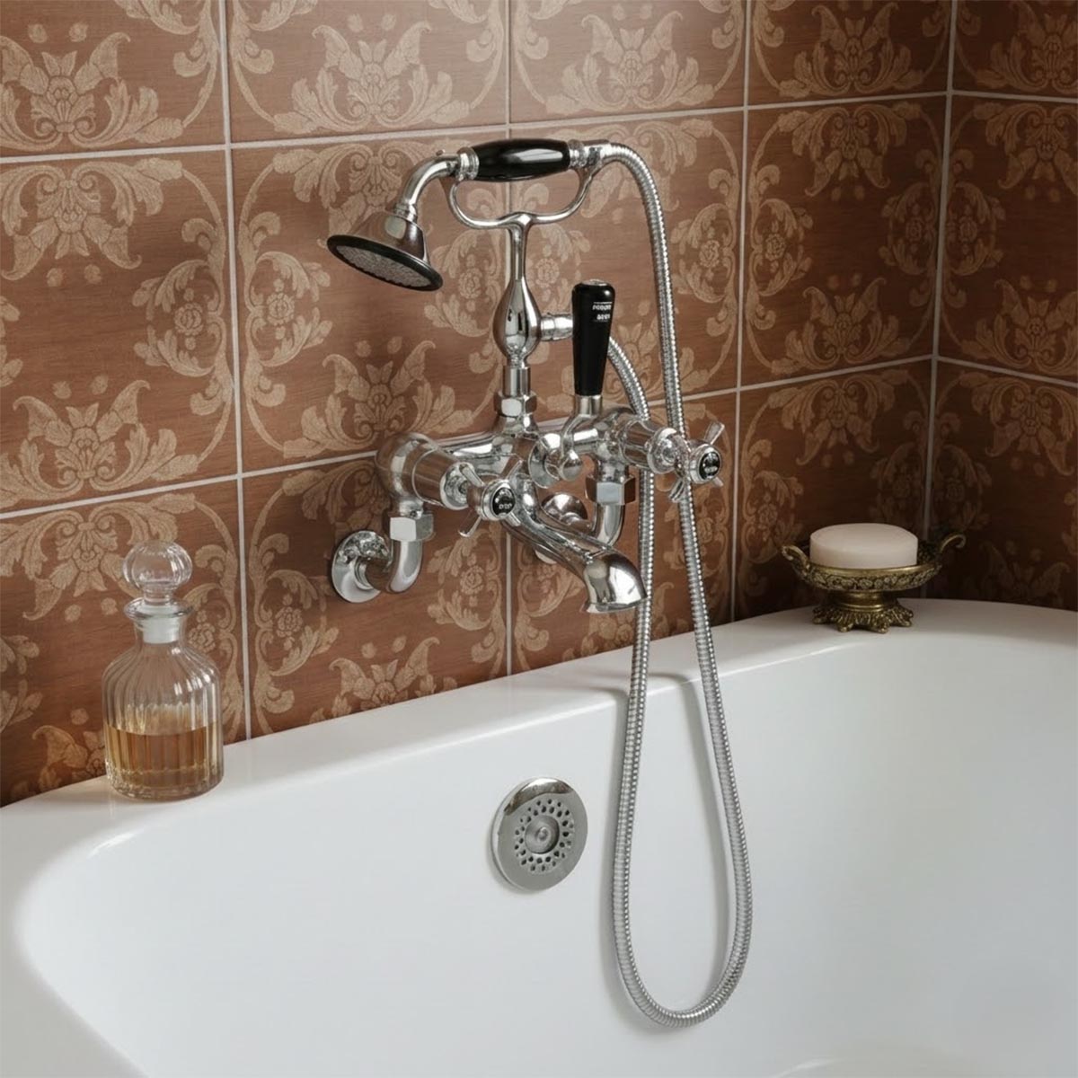 traditional wall mounted bath mixer tap with handheld shower - chrome