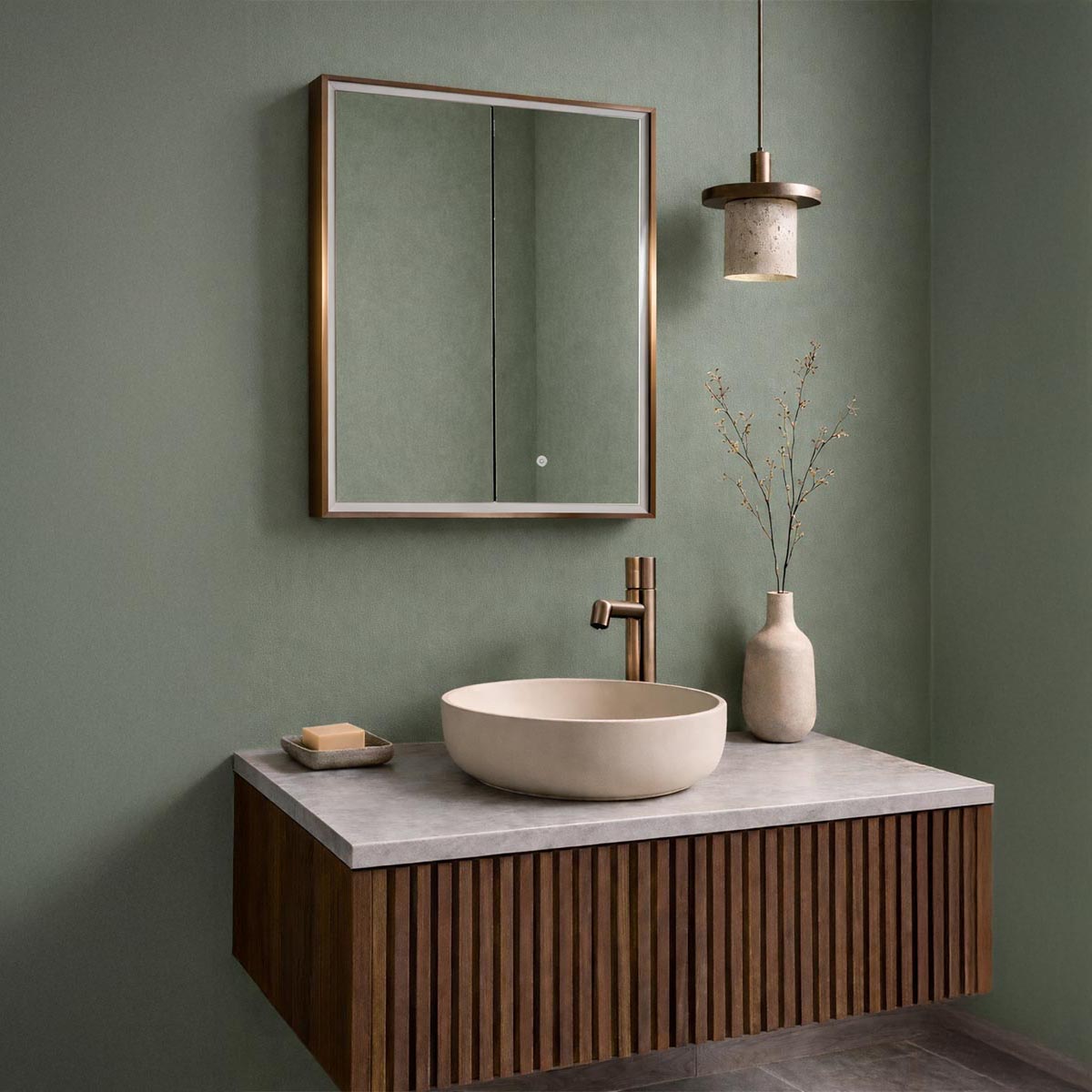 two doors bathroom mirror cabinet brushed bronze frame