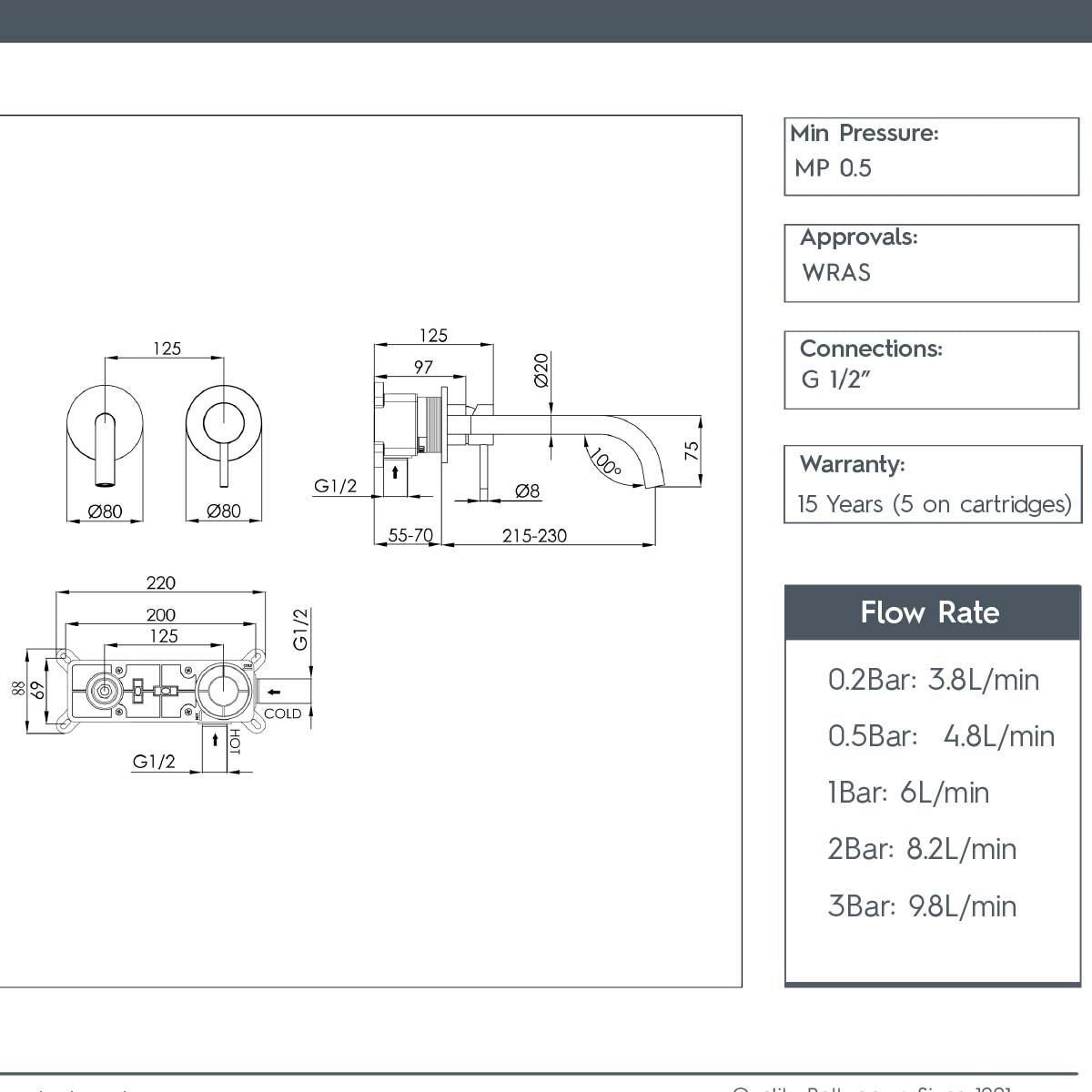 wall mounted basin mixer technical drawing-tapron