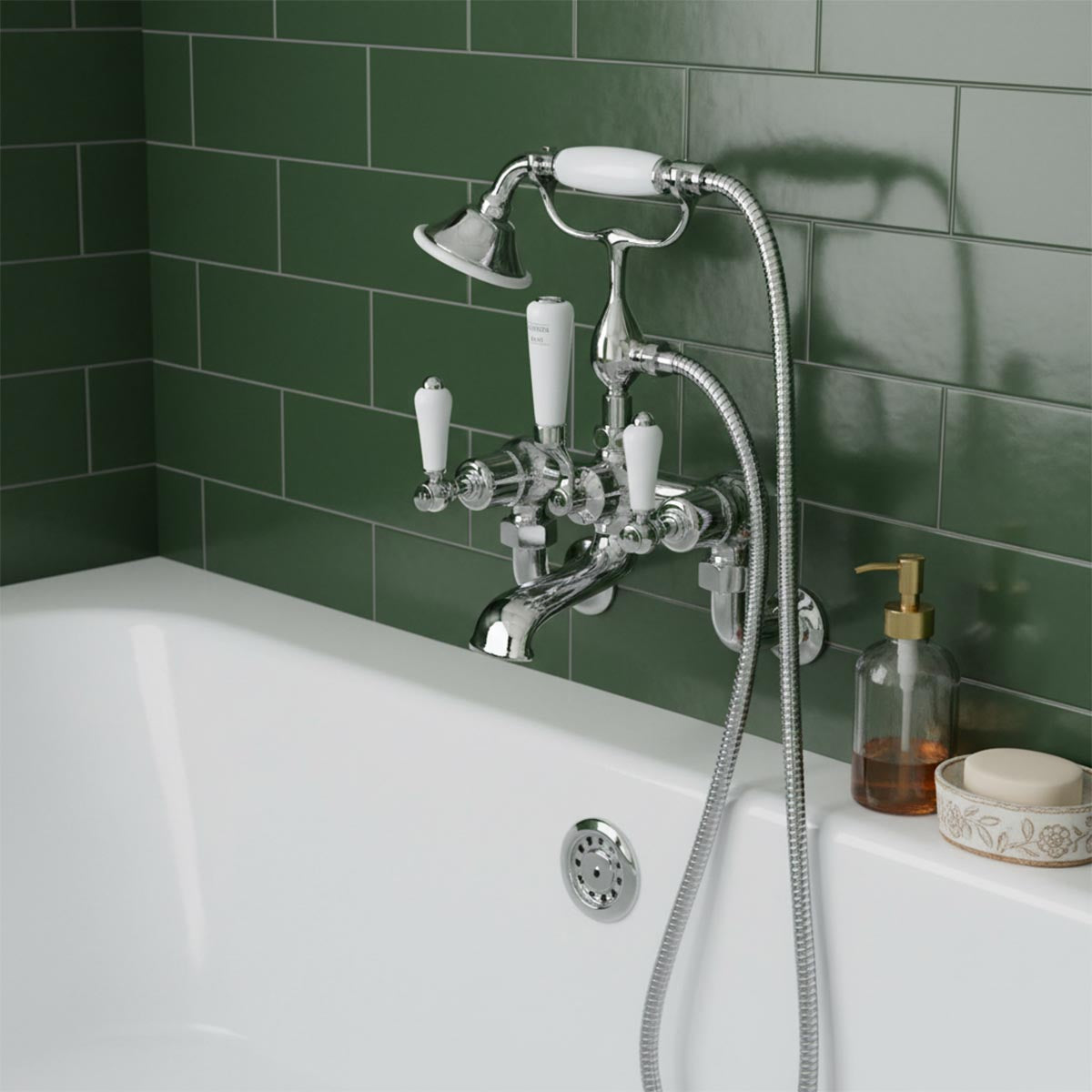 wall mounted bath  mixer tap with white levers and traditional telephone shower handset