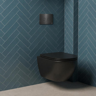 wall mounted toilet with brushed black flush plate and concealed cistern Main image