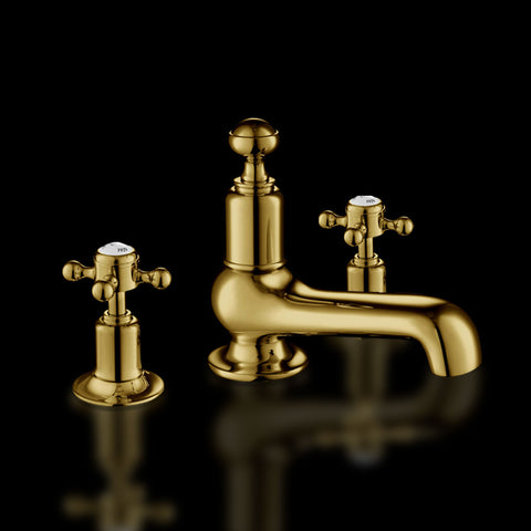 Cross 3 Hole Deck Mounted Gold Basin Tap