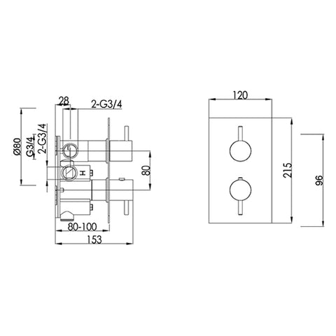 concealed shower value 2 outlet technical drawing-tapron
