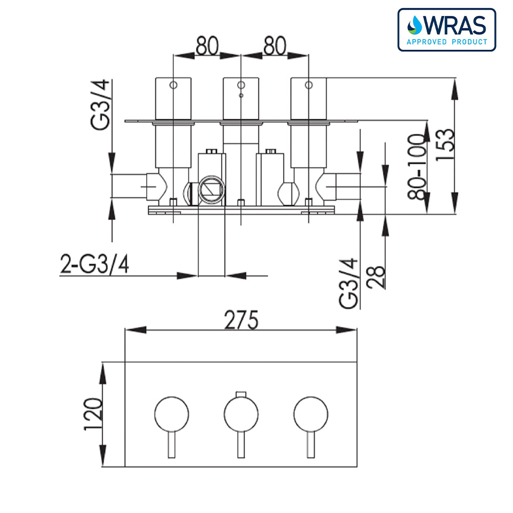 2 outlet thermostatic bar shower valve technical drawing-tapron