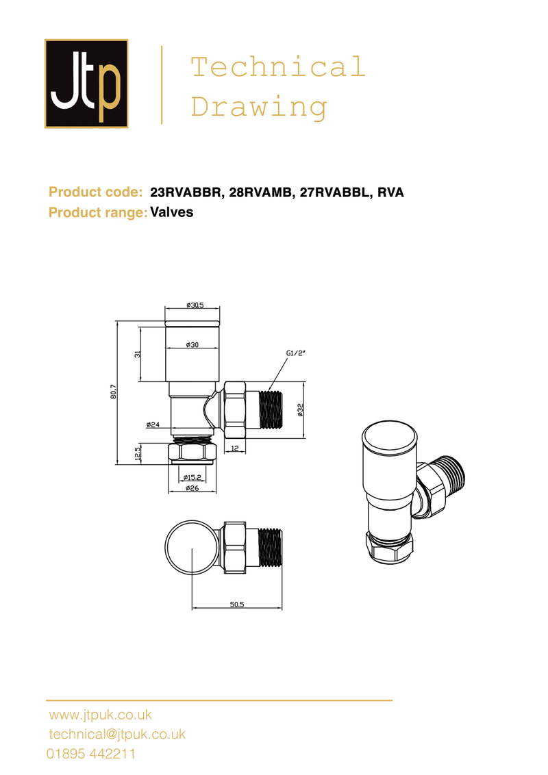 Technical Drawing - Angled Radiator Valve - Brushed Brass Pair