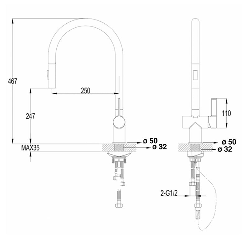 Technical Drawing black kitchen taps