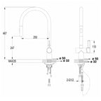 Techinical Drawing - Matt Black Kitchen Sink Mixer Tap with pull out