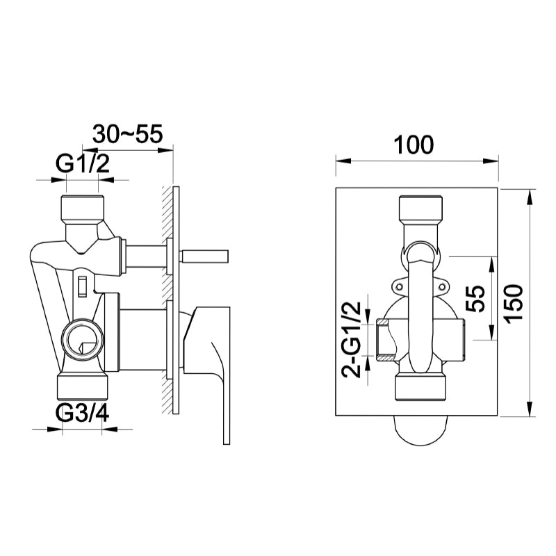 shop shower valves with diverter tapron technical drawing