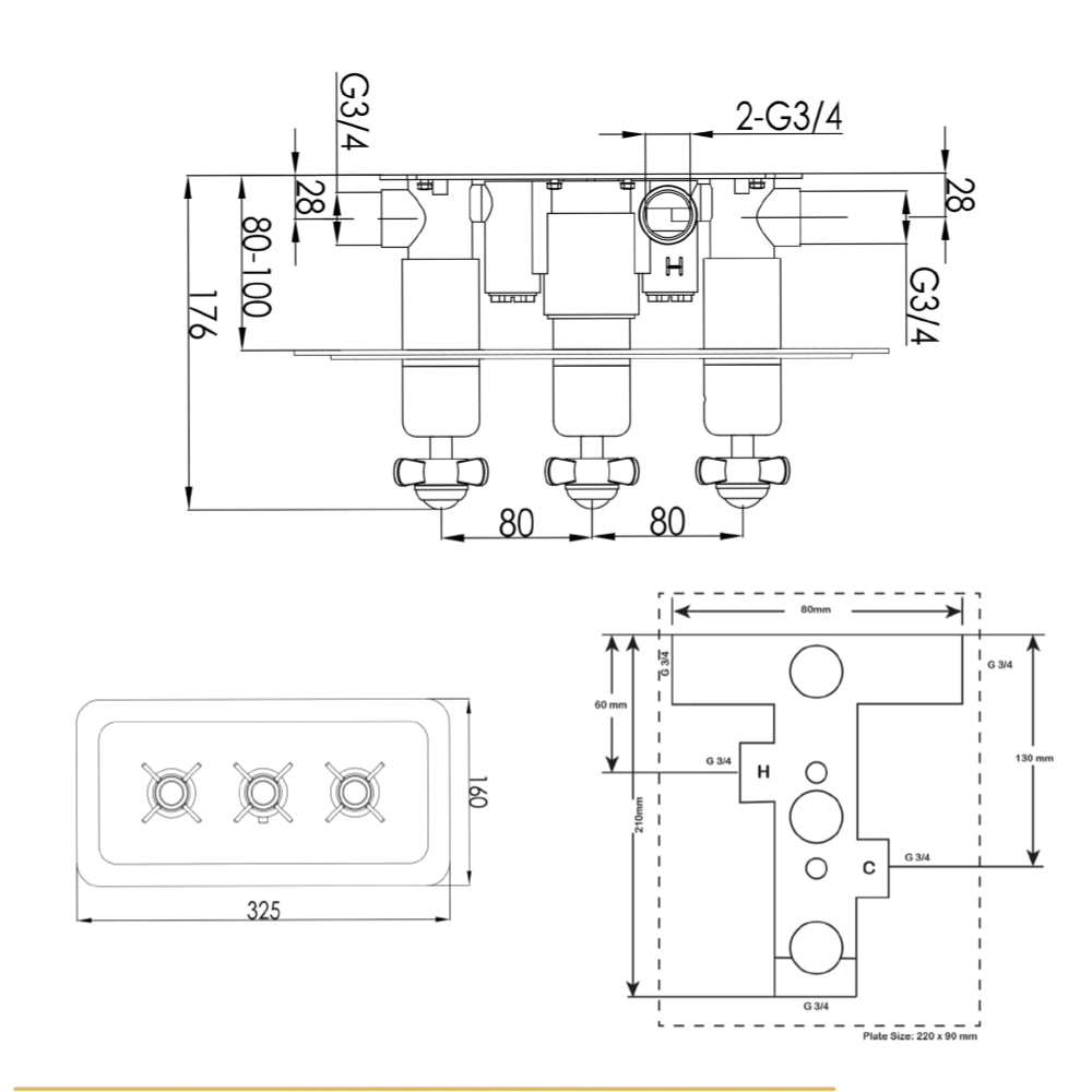Gold thermostatic concealed 3 outlet shower valve
