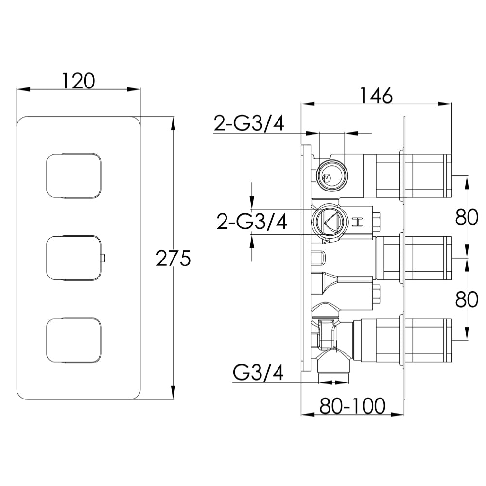 concealed thermostatic shower valve Technical Drawing