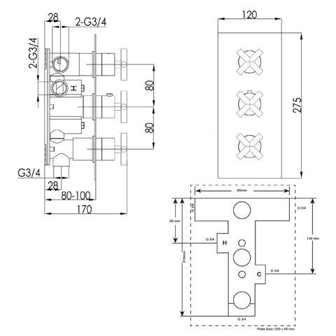 thermostatic shower valves Technical Drawing