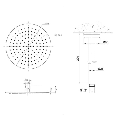 stainless steel ceiling shower arm and head Technical Drawing