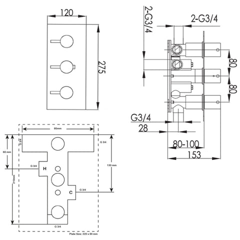 concealed thermostatic shower mixer valve Technical Drawing